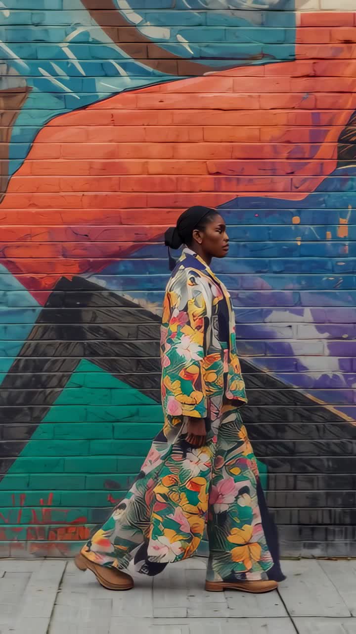 Video verticale: Donna che cammina sul marciapiede verso il centro, in completo floreale, con un murale dipinto sullo sfondo.
