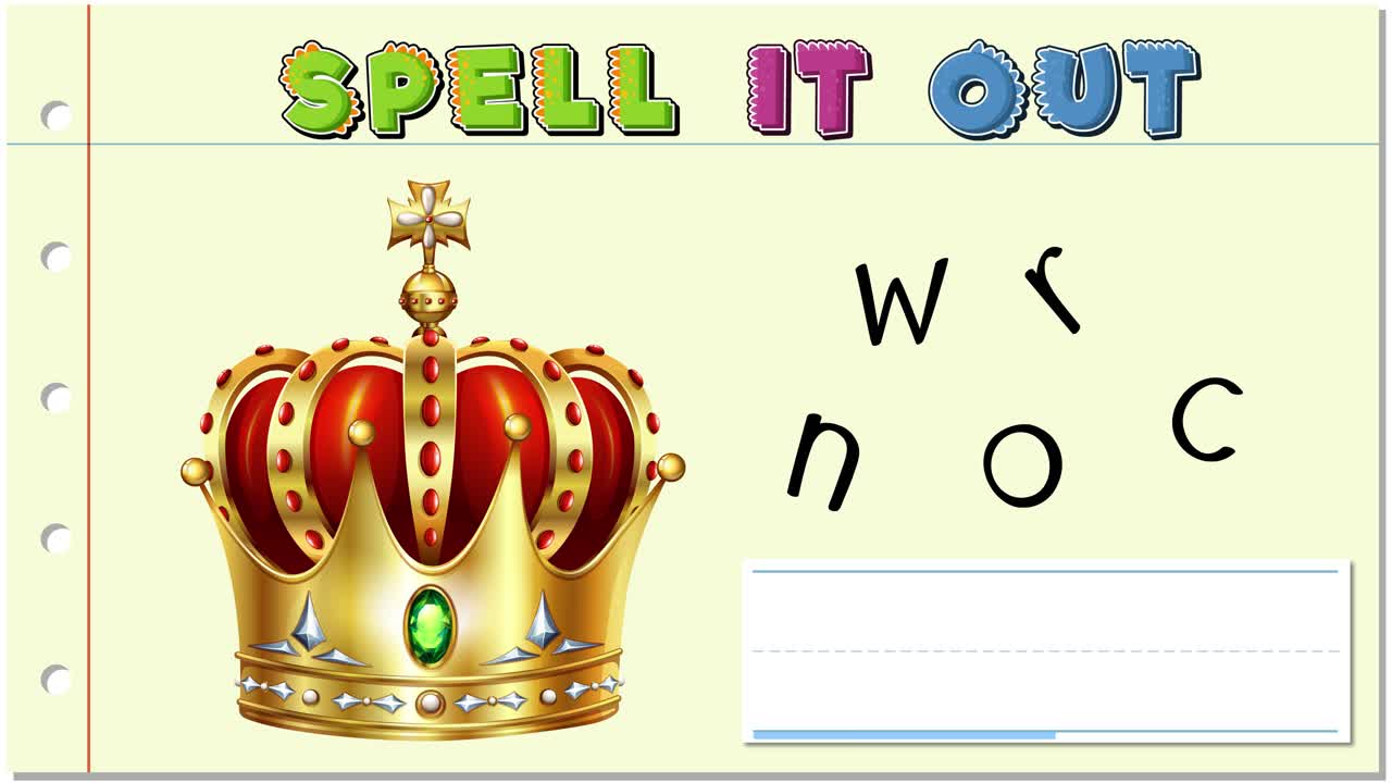 Animated sequence unscrambling letters to spell 'crown' with colorful graphics and playful transitions