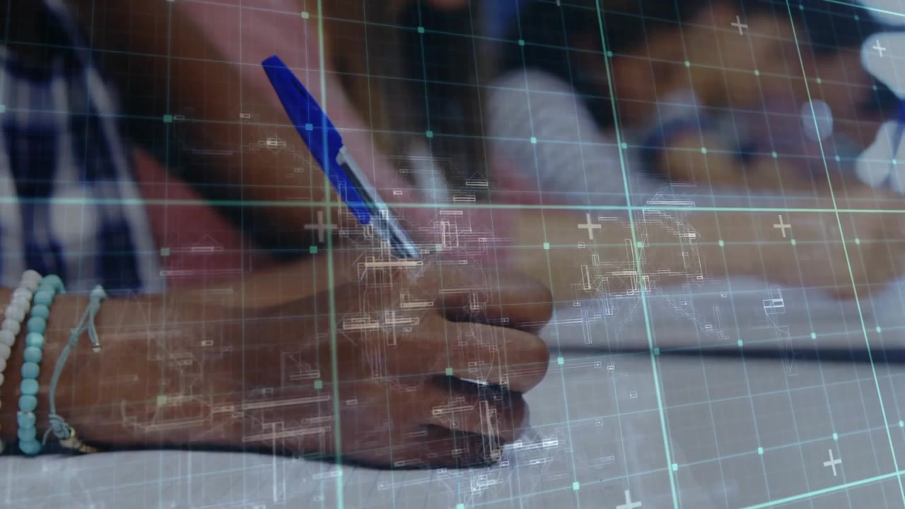 Teenage girl placing pen tip on notebook and writing education notes while digital grid flickering