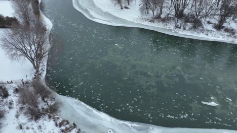 drone shot of the yakima river flowing through the columbia basin during winter