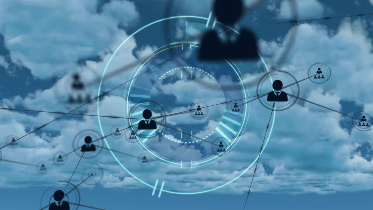 animación de la red de conexiones con personas iconos y escaneo de alcance en el cielo