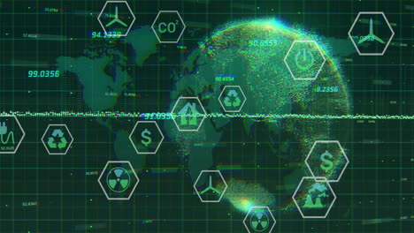 animation of network of eco icons and data processing over globe