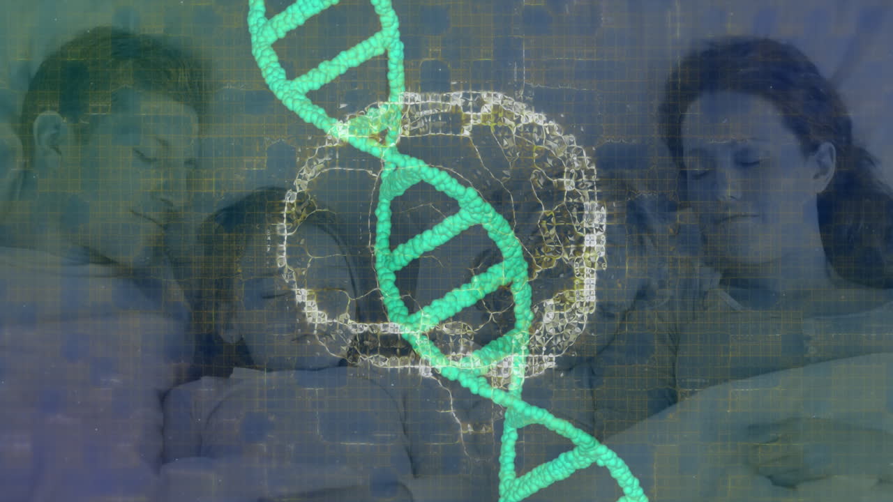 animación de cerebro humano y cadena de adn girando sobre padres con hijos durmiendo en la cama