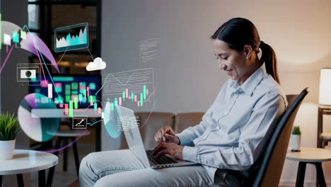 woman analyzing financial data with virtual holographic projections on her laptop