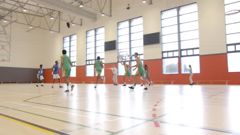 playing basketball in school gym, students in uniforms practicing game skills