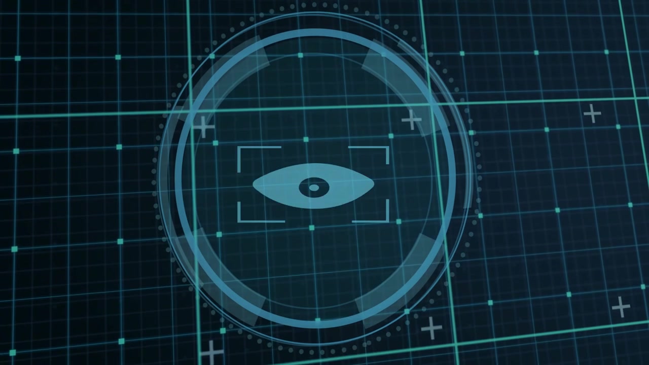 On startup Cyber Security text appearing, central HUD reticle forming, eye scanning to protect grid