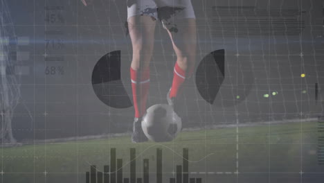 Animation-of-financial-data-processing-over-legs-of-male-football-player-with-ball