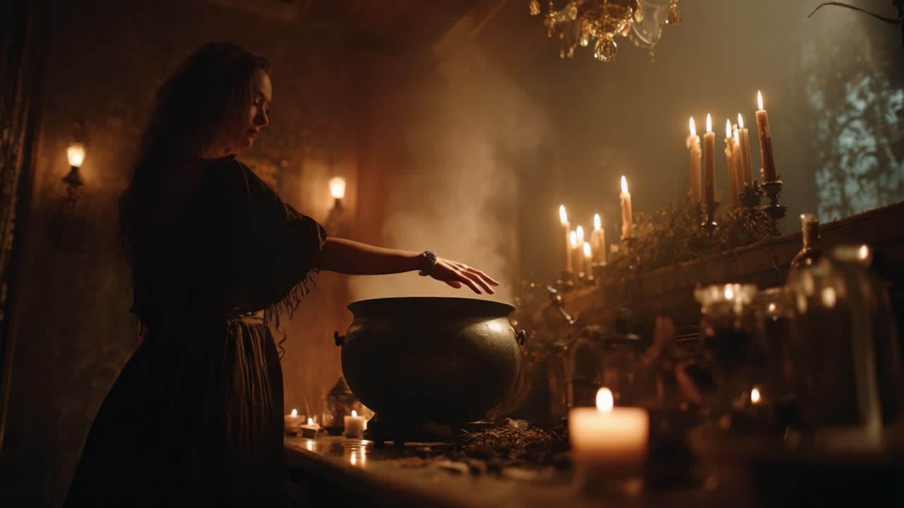 A Mysterious Sorceress Engaged in Ancient Rituals: Enigmatic Atmosphere Envelops a Candlelit Chamber Where Spells Are Forged and Mysteries Unraveled