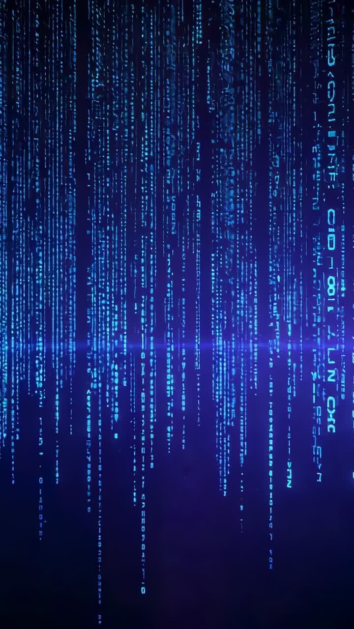Vertical video: Pulsing mid blue flare causing falling cyan lines glowing on navy with right glyphs