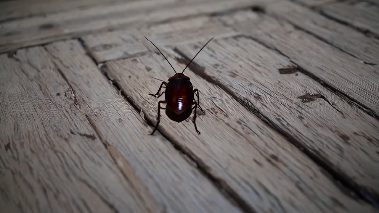 Close-up, low-angle shot of a cockroach on rustic wooden floor