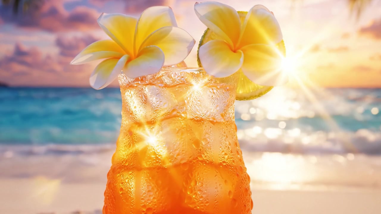 A Vibrant Tropical Cocktail with Plumeria Flowers, Set Against a Stunning Sunset Over Tranquil Ocean Waves, Perfect for Relaxation and Enjoyment at the Beach
