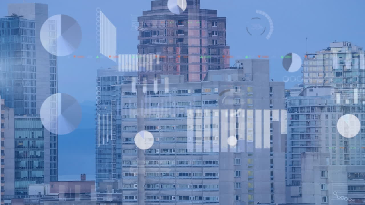 높은 건물의 공중 시야에 대한 통계 및 증권 시장 데이터 처리의 애니메이션