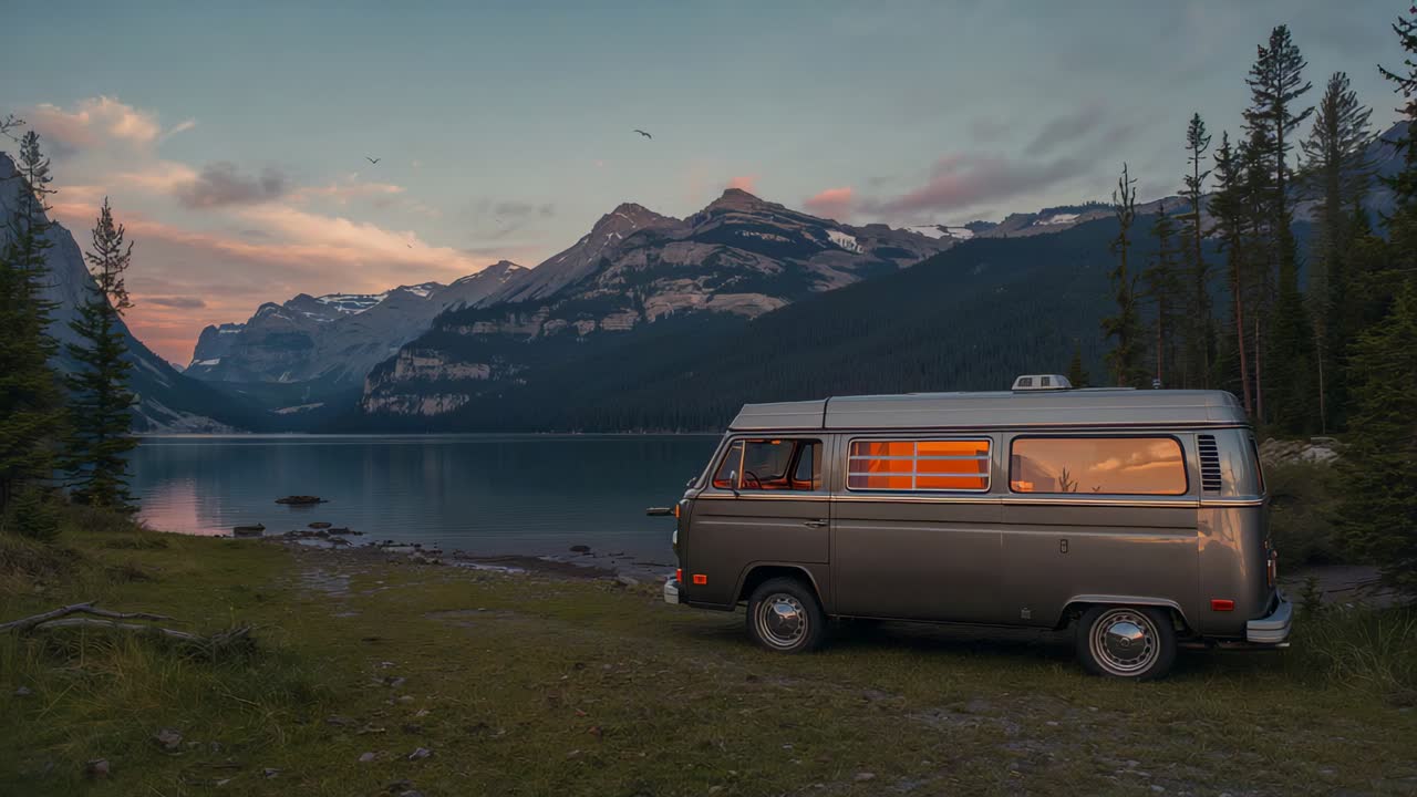 Daylight shifting, retro silver camper van glowing inside at shore, mountains alpenglow, copy space