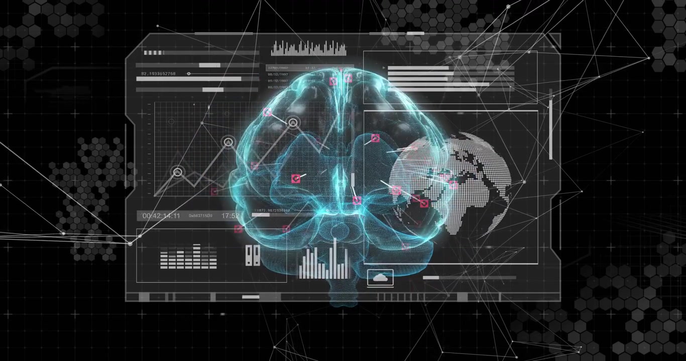 AI engine initiating scan, hologram brain pulsing while HUD panels updating for diagnosis