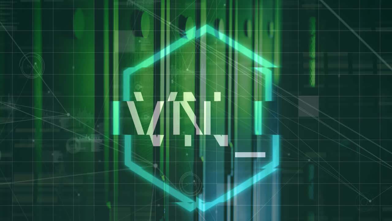 animación de texto nft en hexágono sobre puntos conectados con gráficos y iconos de ondas de sonido en la sala del servidor