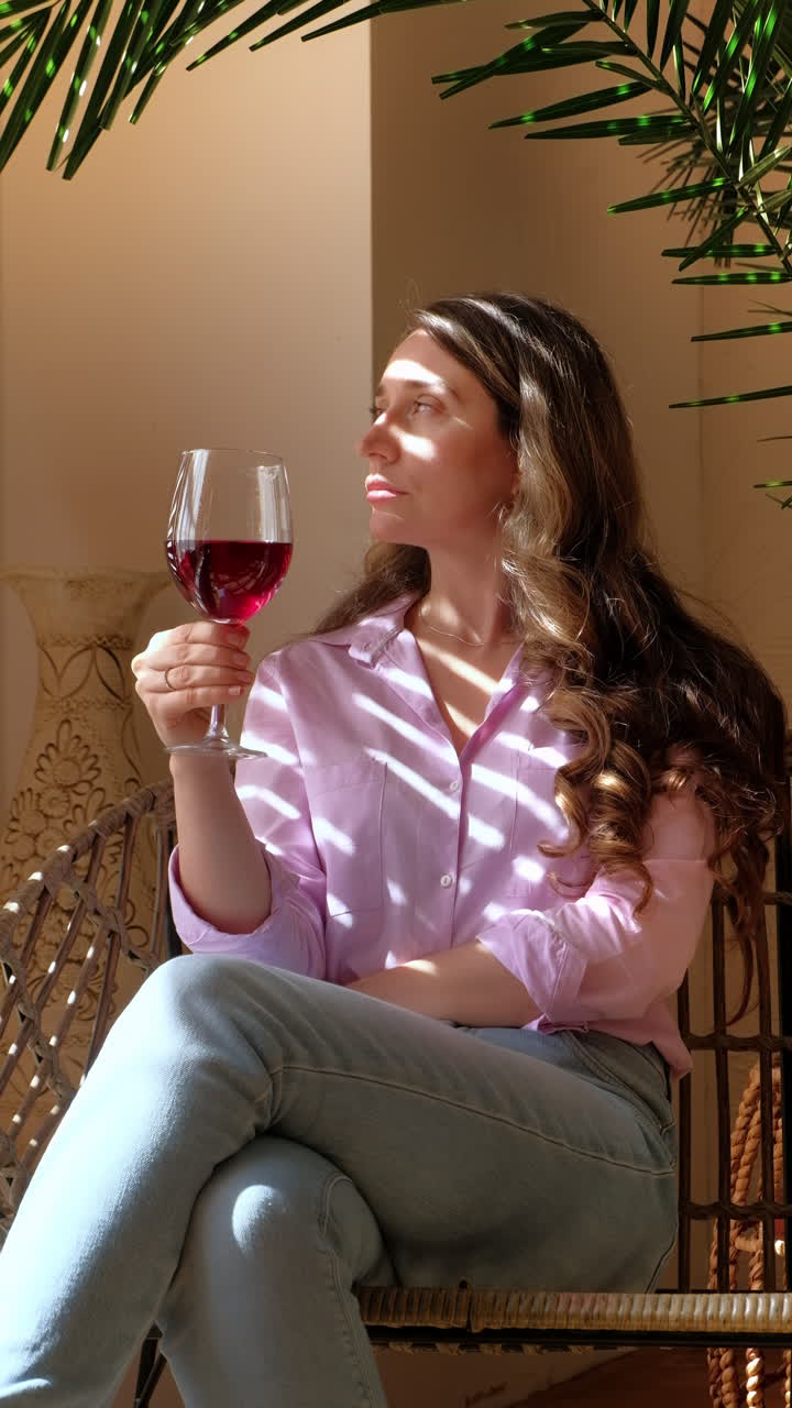 Woman savouring a glass of red wine in daylight. Vertical