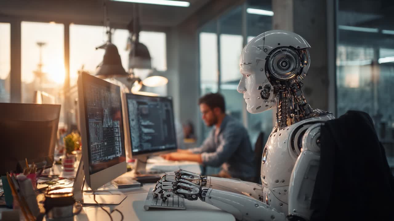 A Futuristic Scene Depicting a Robot Collaborating with a Human: The Integration of Artificial Intelligence in a Modern Workplace Environment