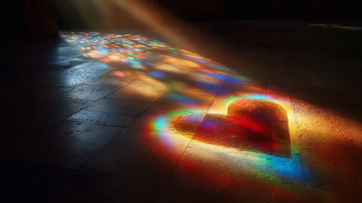 Incantevole esposizione di riflessi di colore: un simbolo di cuore radioso illuminato a terra da meravigliosi raggi di luce che trasformano uno spazio sereno in una scena onirica