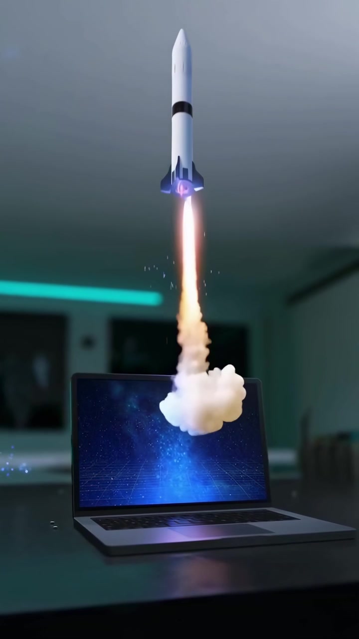 3D Animation of a Rocket Launching from a Laptop Screen