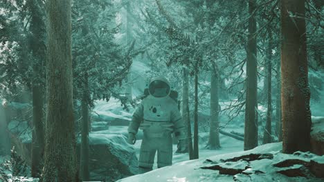 Astronauta-Explorando-El-Bosque-En-La-Nieve