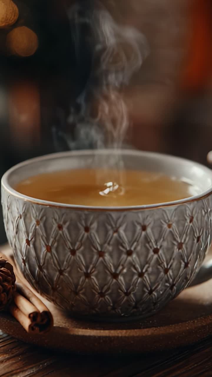 Una tazza fumante di tè: la bevanda calda perfetta per rilassarsi e godersi un po' di comfort in una serata fredda, che mette in mostra la bellezza naturale delle infusioni alle erbe calde
