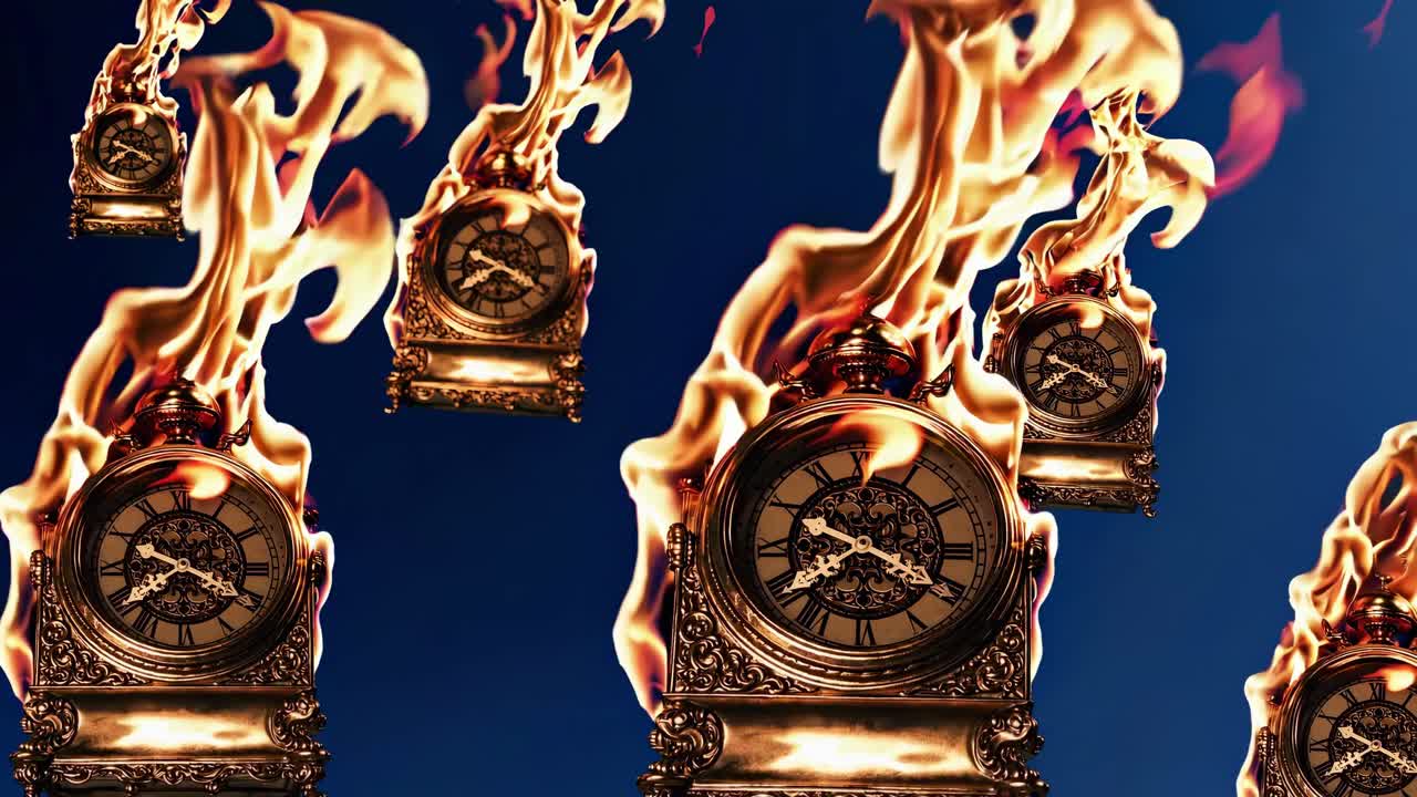 Multiple ornate clocks engulfed in flames against a deep blue backdrop, symbolizing the urgency of deadlines, the stress of time pressure, and the inevitable end of time
