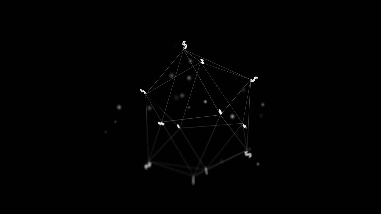 Animation of network with data processing and dollar signs over black background