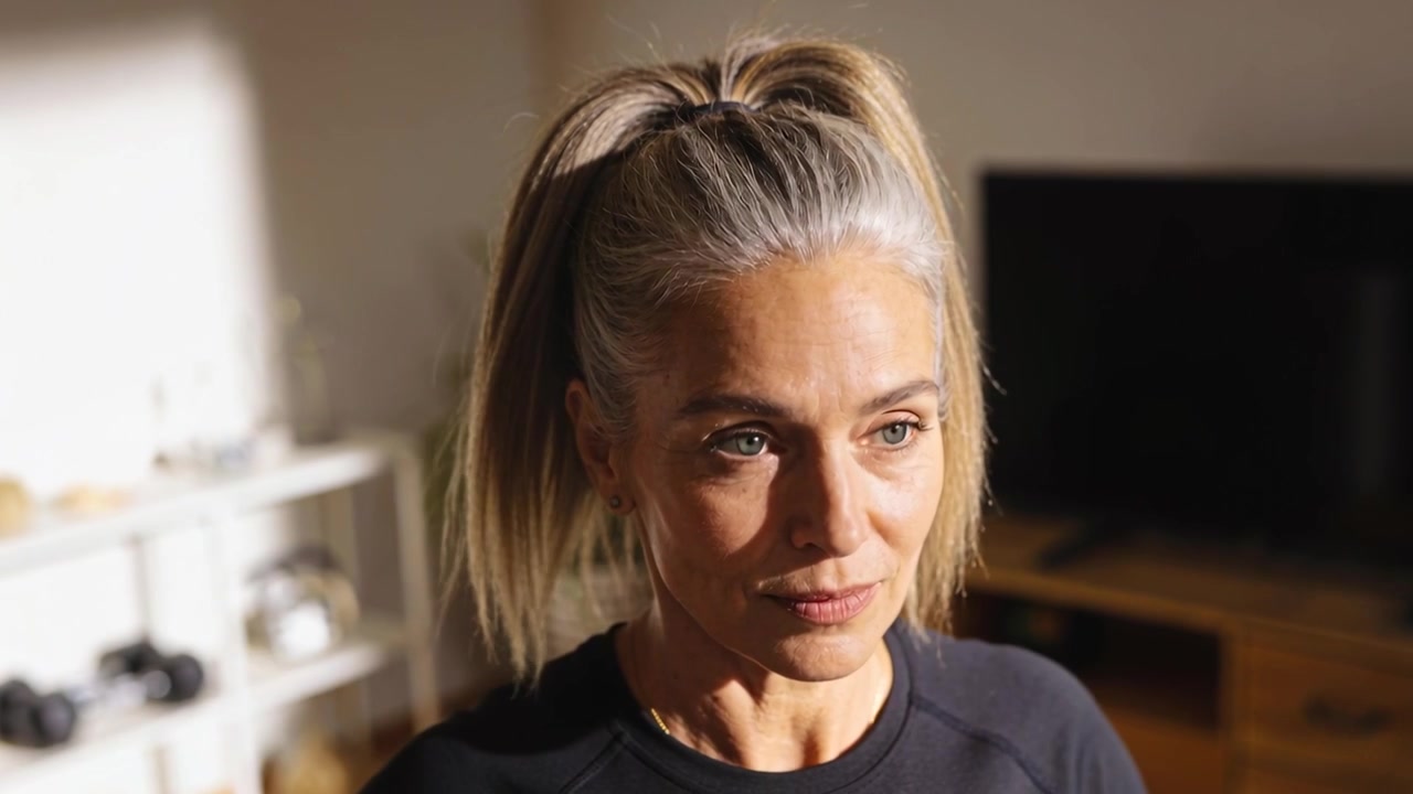 Donna anziana che si raccoglie i capelli in una coda di cavallo alta a casa, mentre si prepara indossando un top nero.