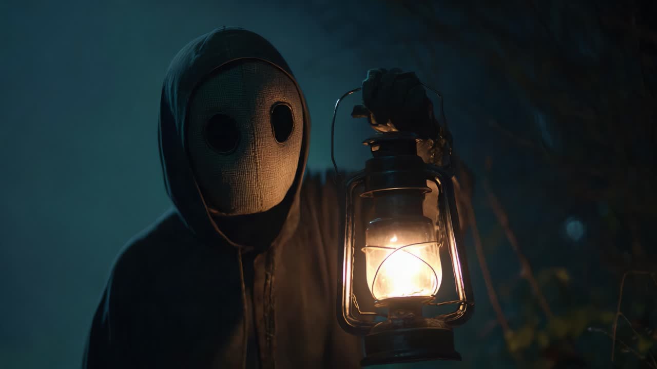 Mysterious figure holding a lantern in a shadowy environment, creating an eerie atmosphere through dramatic lighting and an unsettling appearance that captivates the viewer