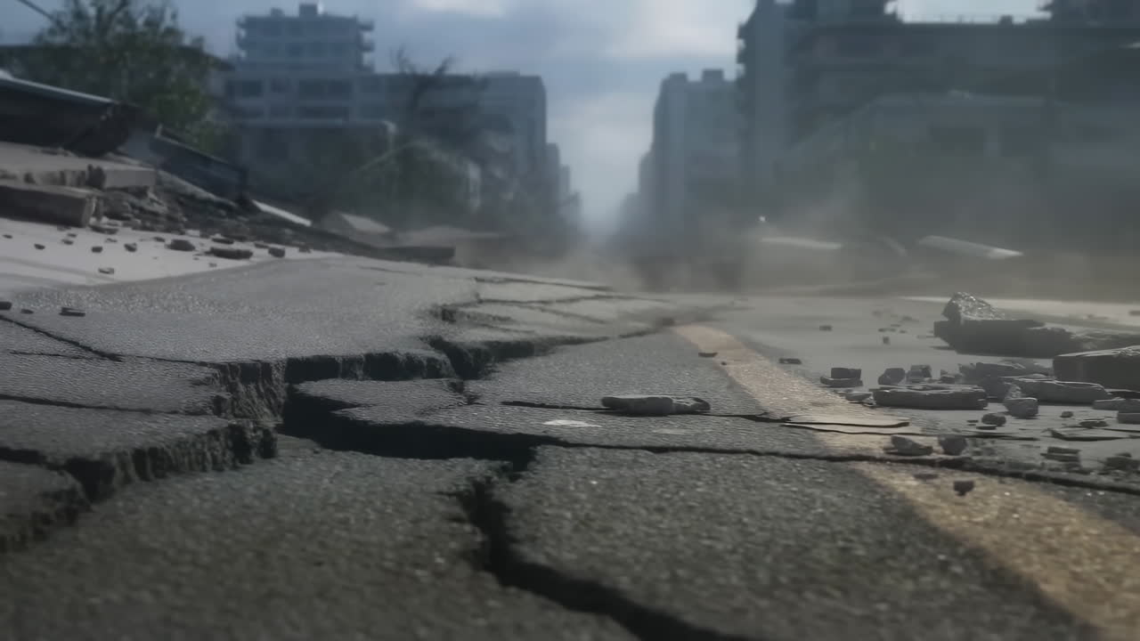 Strada crepata e macerie in una città in rovina.