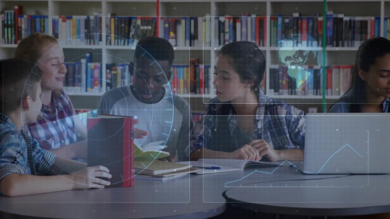 Students taking yellow tablet and sharing red tablet in library, graphs overlaying session