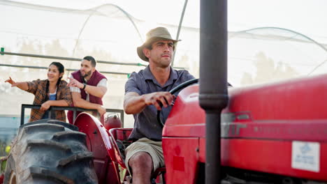 farmers on a tractor in a greenhouse