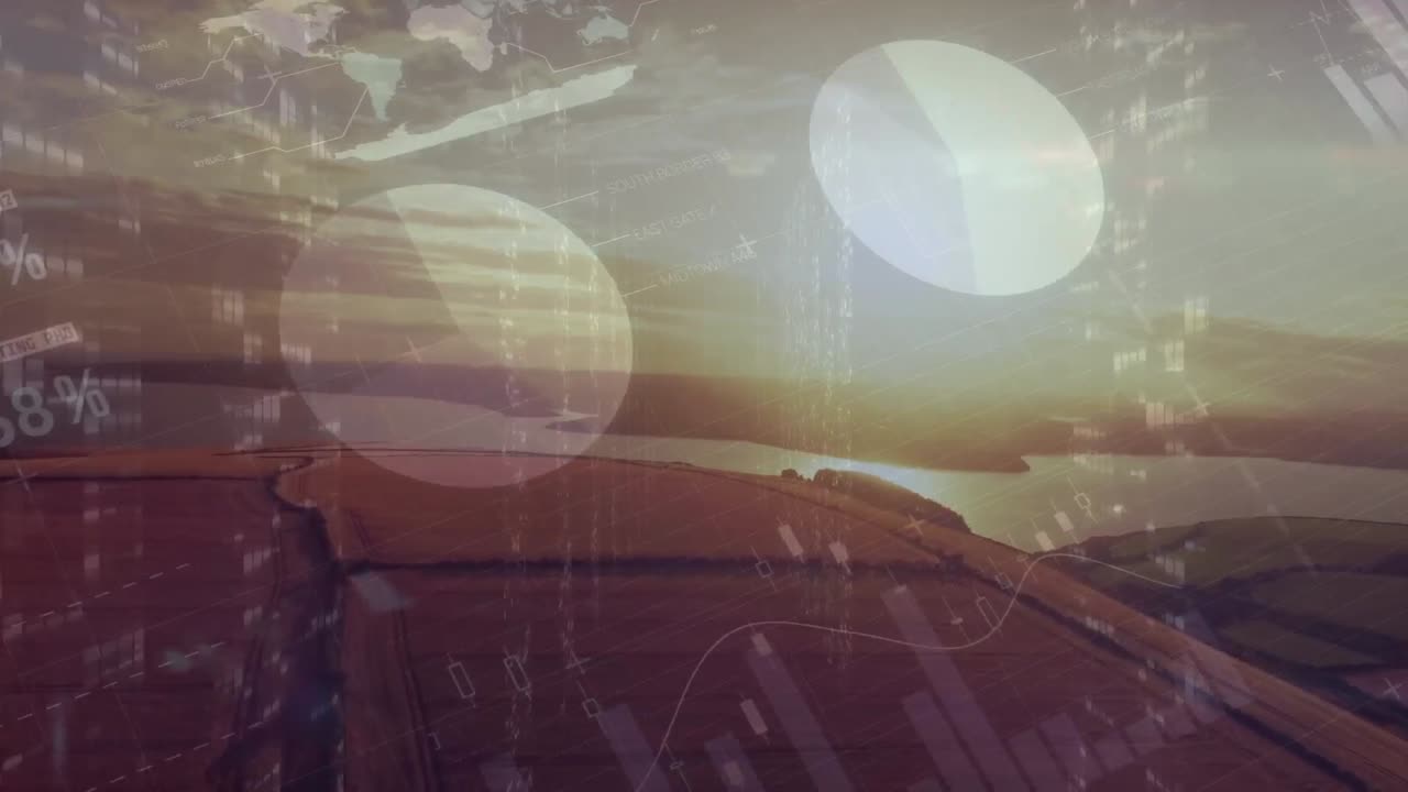 animación del procesamiento de datos estadísticos sobre una vista aérea de los campos agrícolas