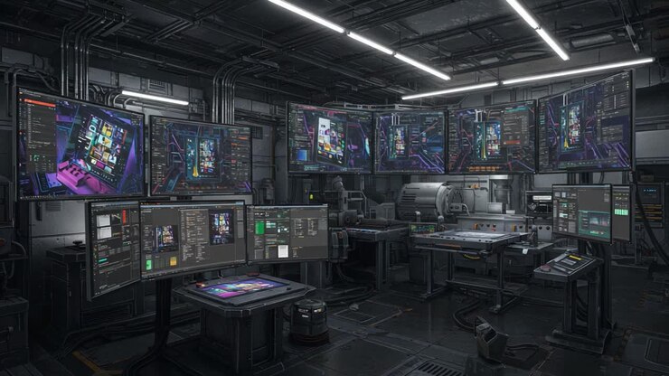 Futuristic Control Room with Multiple Monitors Displaying Data Analytics and Interfaces, Showcasing Advanced Technologies in a High-Tech Environment