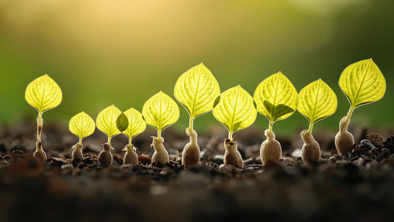 Sunlight spurring germinating seedlings sprouting through soil in garden bed, unfolding leaves