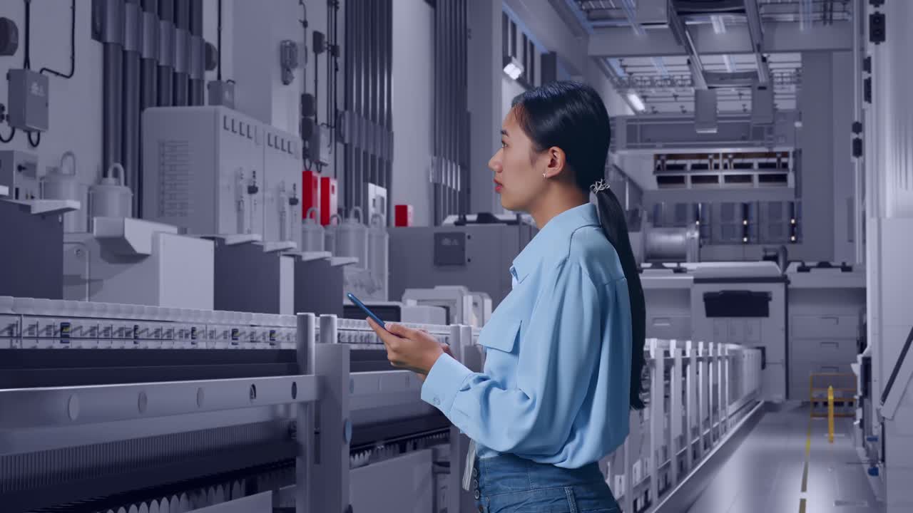 Side View Of Asian Female At Pharmaceutical Factory, Vaccine Production Facility, Observes By Looking Up Then She Come To Concentrating On The Phone And Keep On Checking