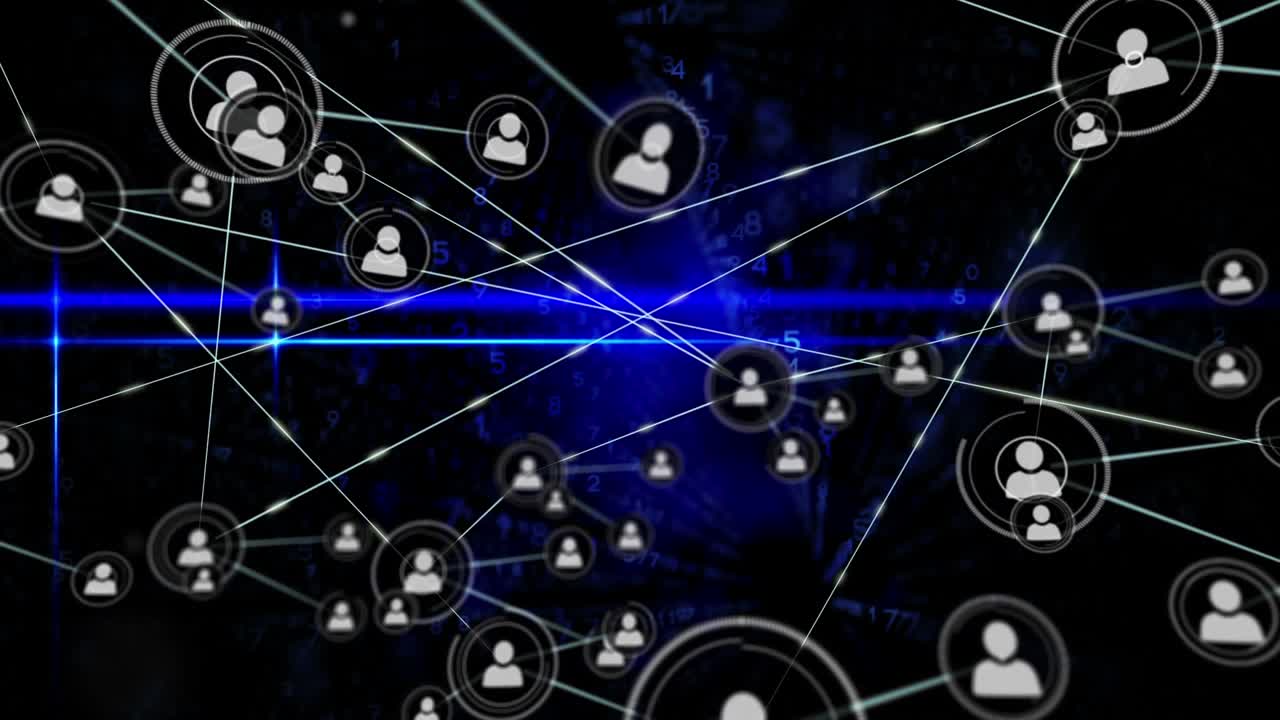 Animation of network of connections with icons over data processing