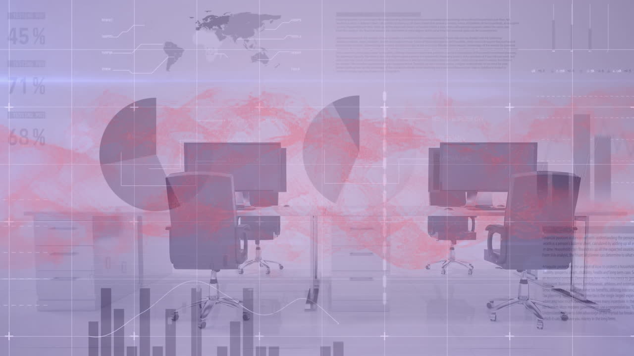 animación de la onda digital roja y procesamiento de datos estadísticos contra una oficina vacía