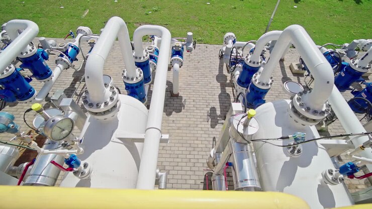 Macchinari, pompe e valvole ad alta tecnologia in una stazione di pompaggio di gas naturale