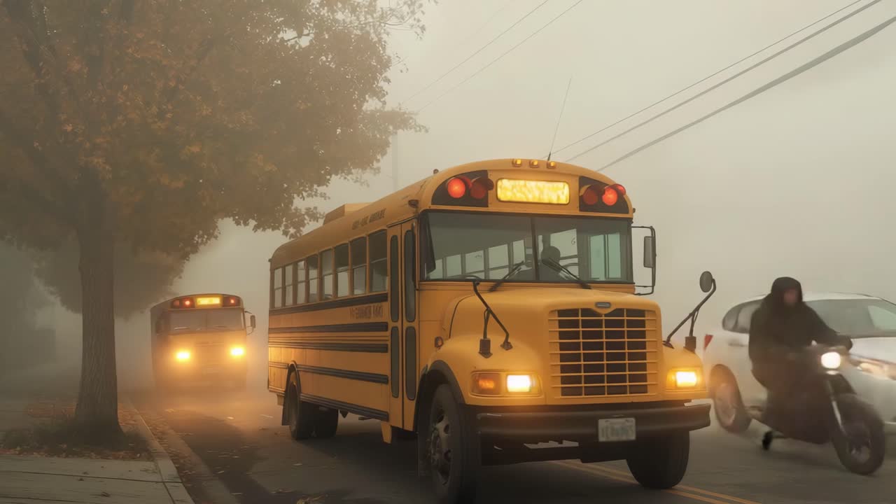 School buses in foggy weather