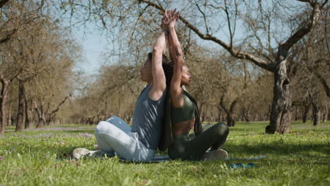 people stretching in the forest