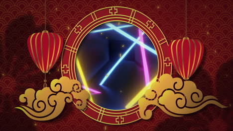 animation of chinese lanterns and clouds with vibrant neon lights on red background