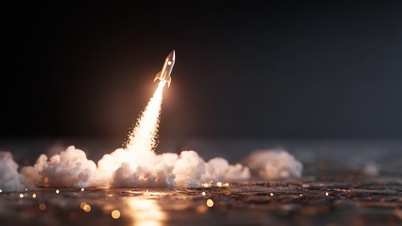 A Dynamic Rocket Launch: Capturing the Intensity and Power of a Rocket Igniting and Ascending Amidst a Burst of Sparks and Smoke, Signifying Technological Advancement and Exploration