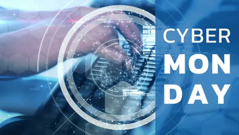 Cyber-Monday-Text-Und-Mann,-Der-Am-Computer-4k-Arbeitet