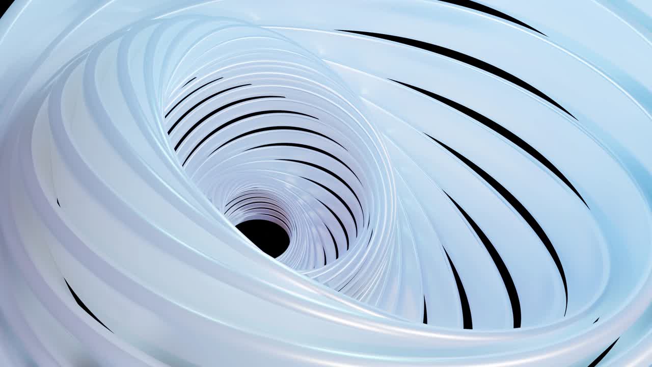 3d 추상적인 백색 배경은 동심 구조의 반지 또는 원으로 휘어집니다. 반지는 4k의 나선형 또는 나선형 모양으로 회전합니다. 진주 재료는 검은색으로 분리됩니다.