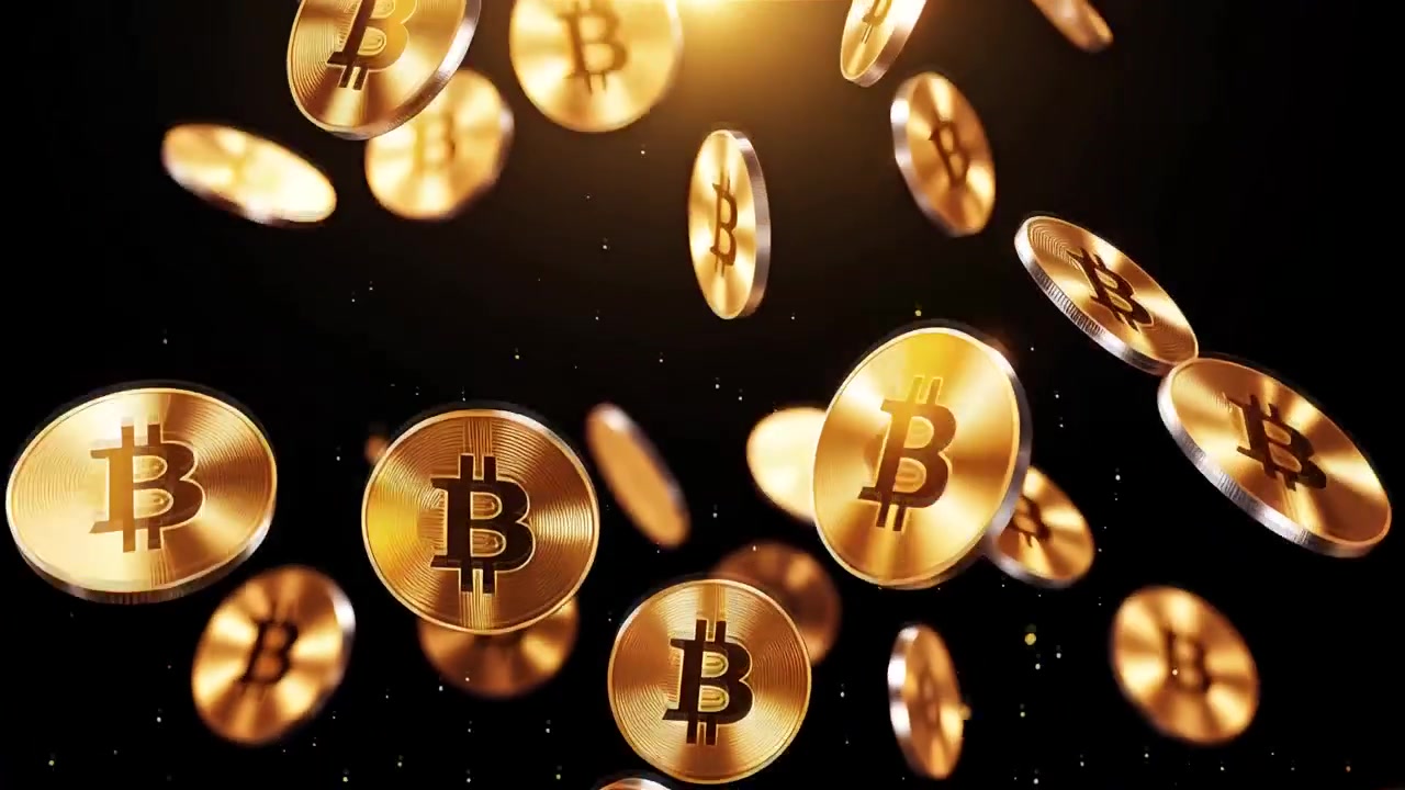 Bitcoin in rotazione su sfondo nero drammatico 4k