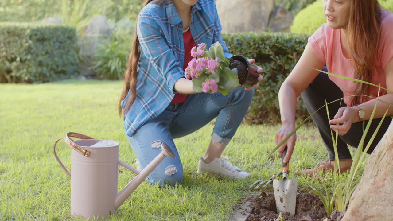 Planting flowers in garden, asian mother and daughter enjoying outdoor gardening activity