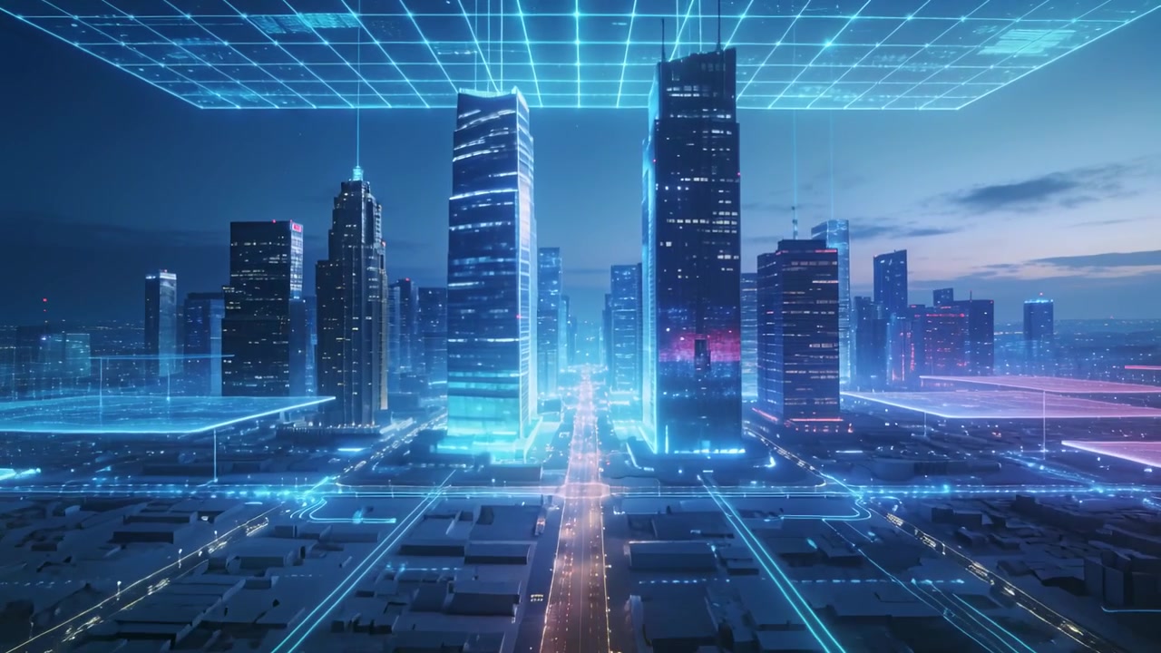 Advancing shot tracking central lit avenue and twin towers at dusk, grid lowering simulation