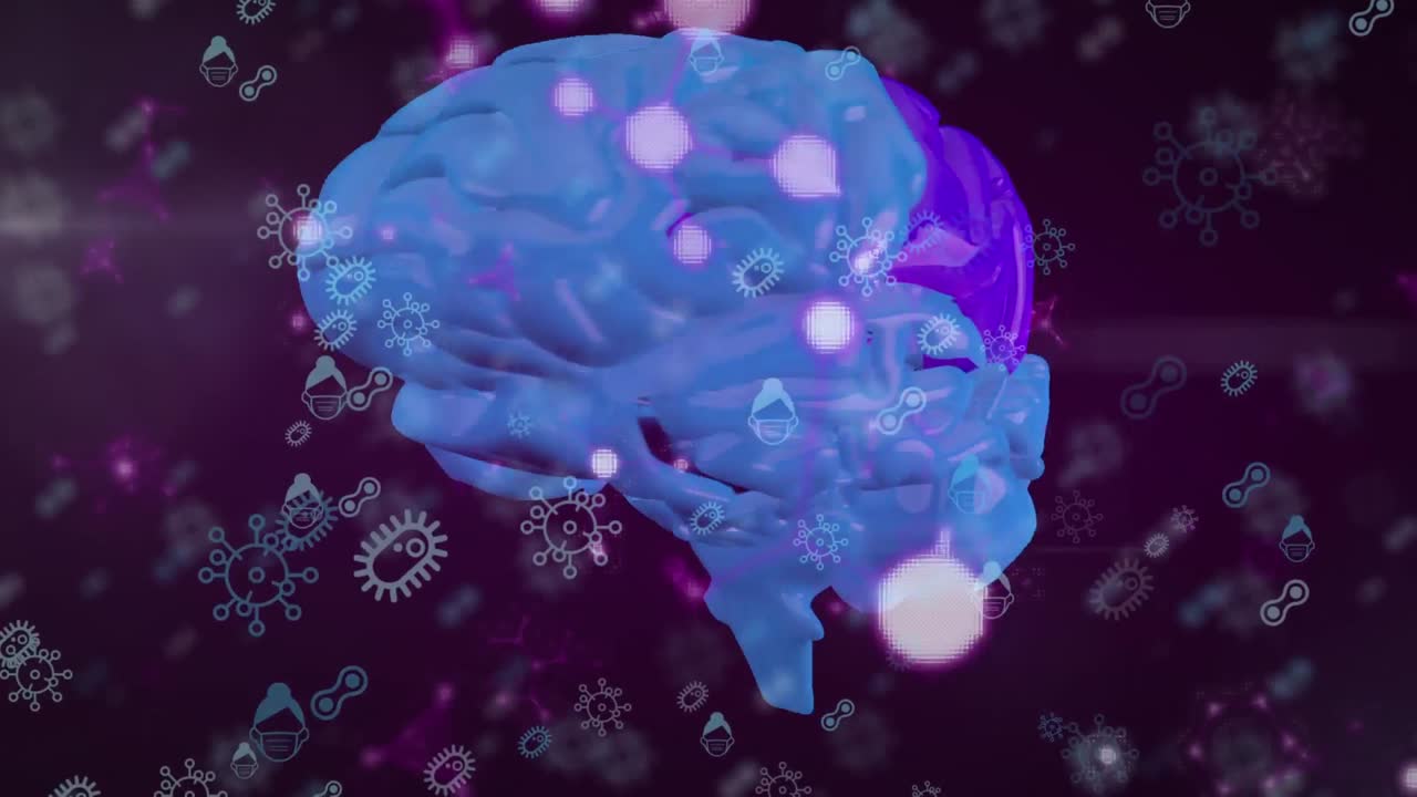 animación de bacterias y iconos de virus flotando sobre un cerebro girando