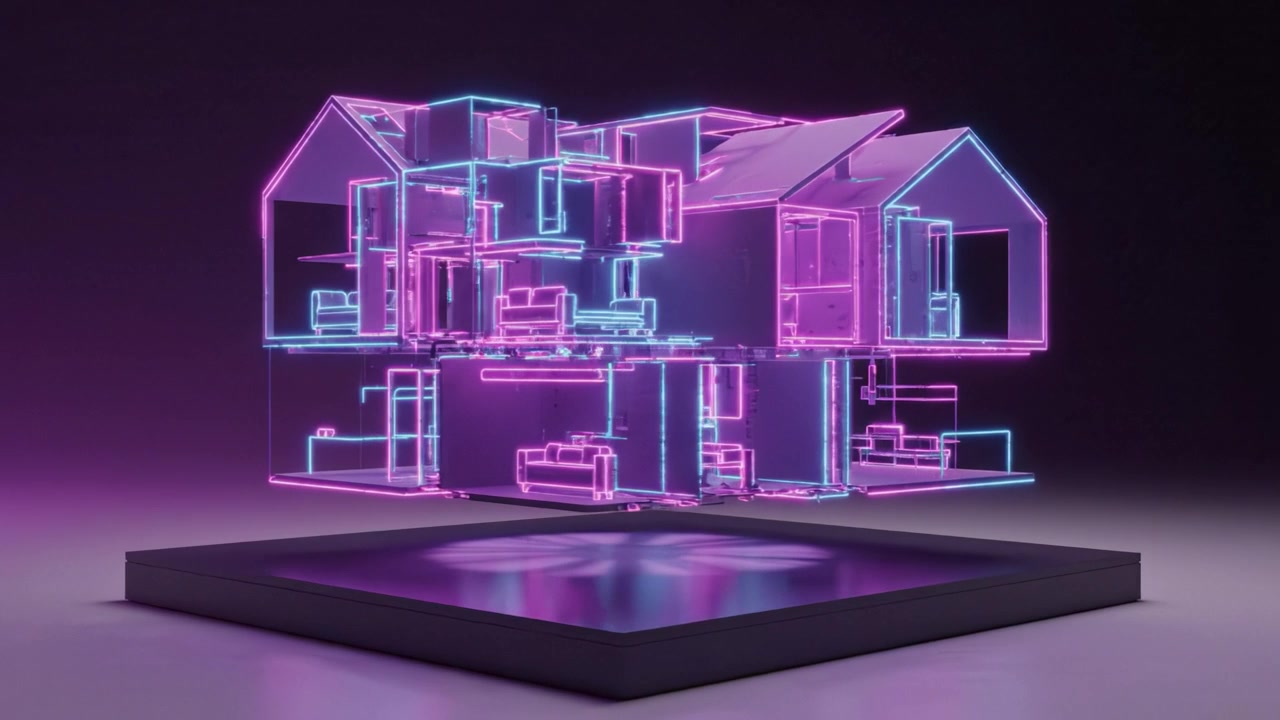 En detaljeret digital model af et moderne hjem oplyst med neonrosa og blå konturer, der viser et transparent arkitektonisk design med fokus på indvendige rum
